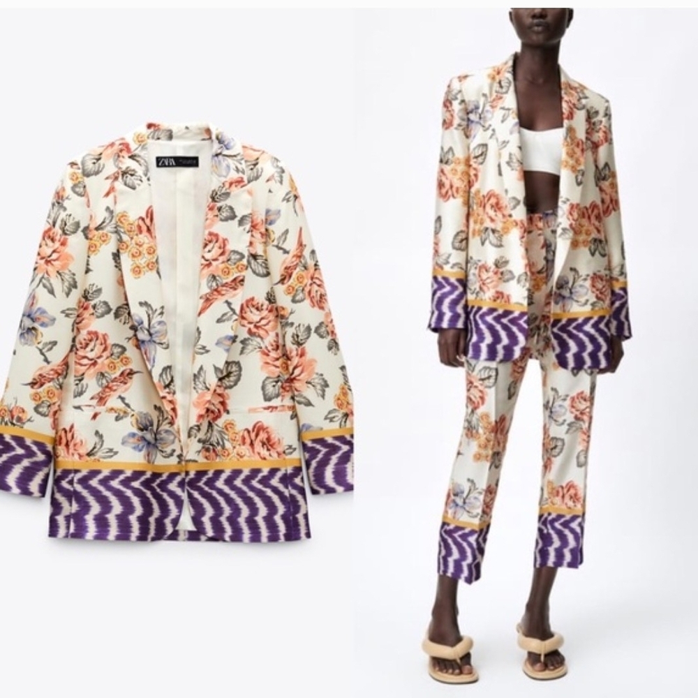 Zara Cream Floral Jacket with Coral, Blue & Purple Accents